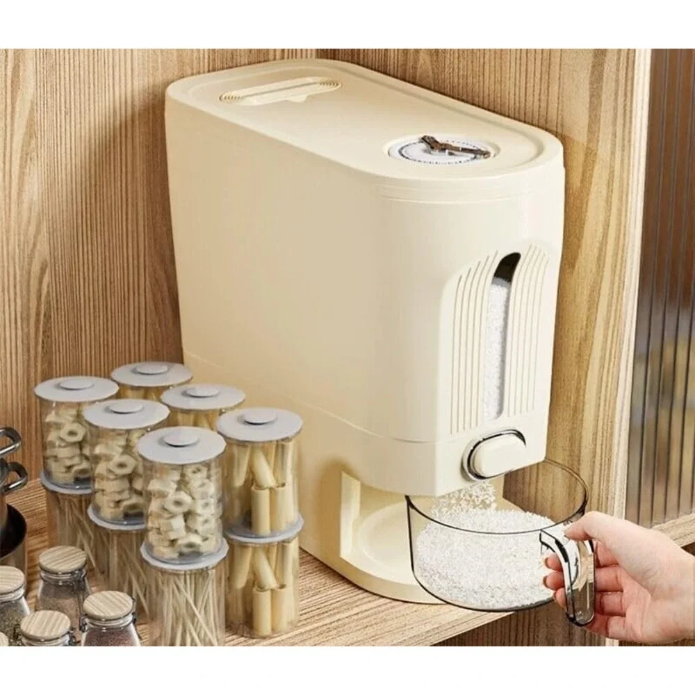 IEEK Rice Dispenser Grain Container Storage Lid Measuring Cup White 12 LBs